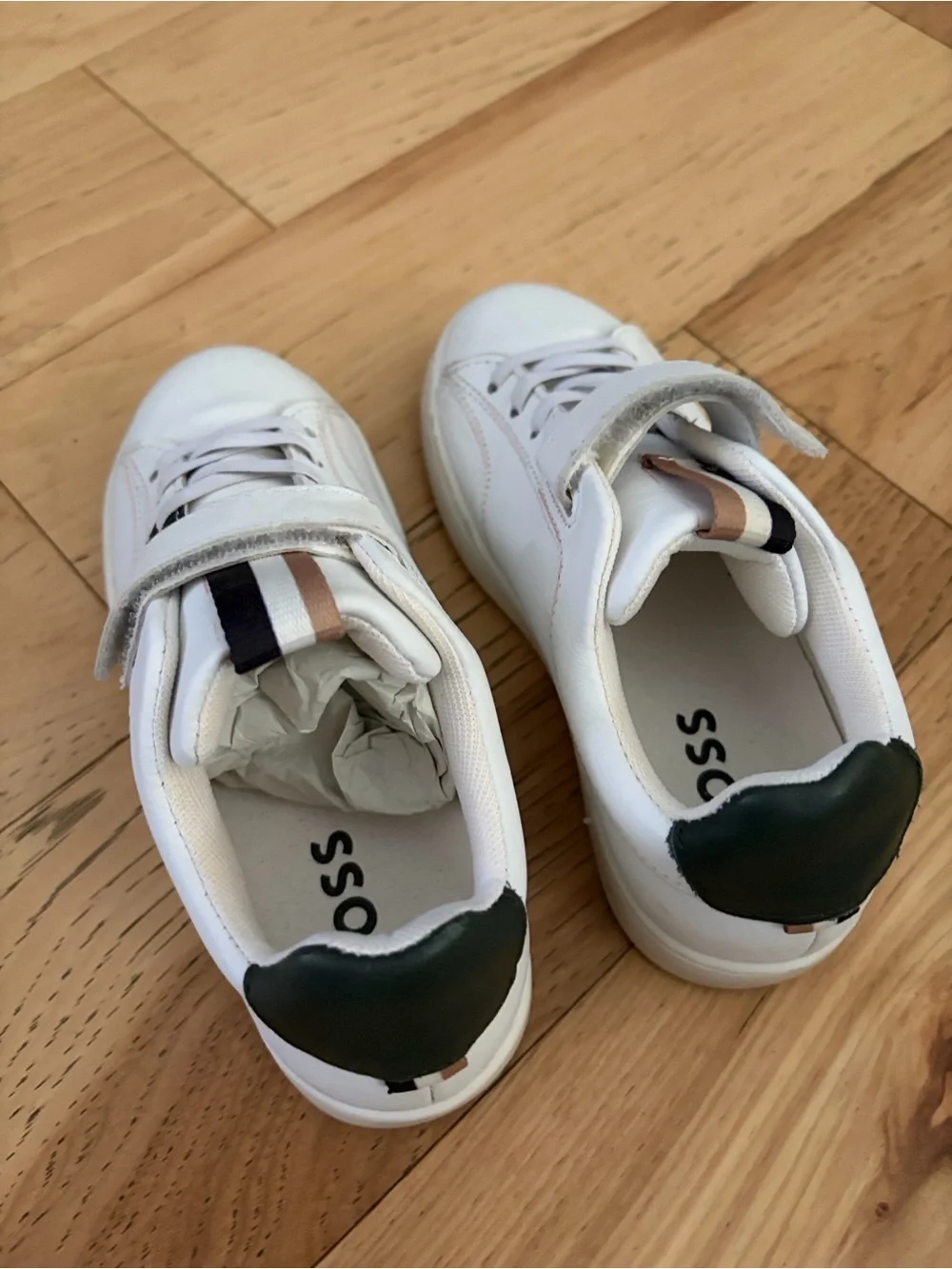 Hugo Boss White Leather Sneakers with Green Accents for Kids